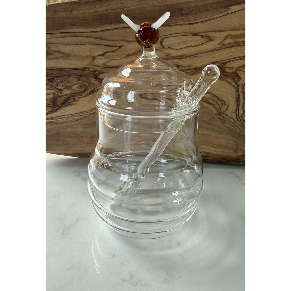 Beehive Glass Honey Jar With Glass Bee TOPPER & HONEY Spoon NEW  World Market